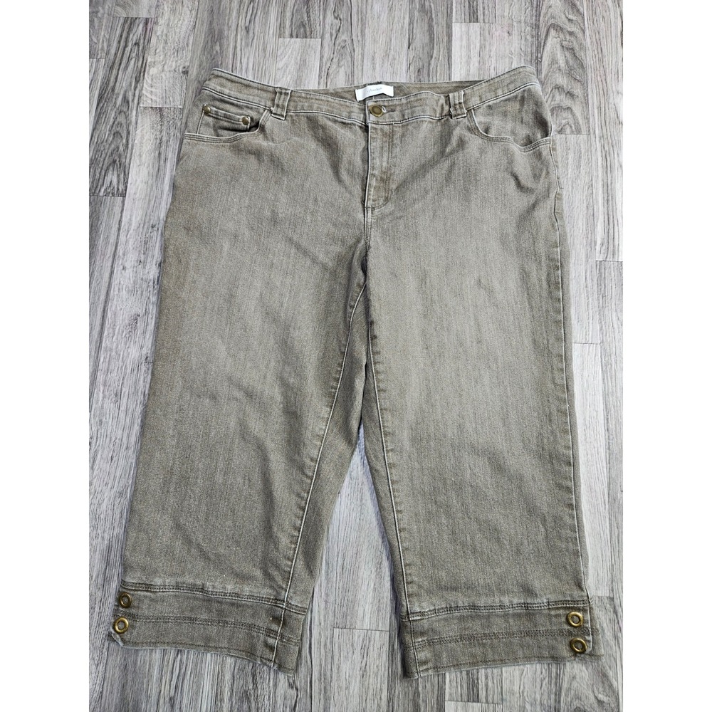 CJ Banks Capri Jeans Women 16W Khaki Brown Grey Stretch Button Hem Cropped Denim